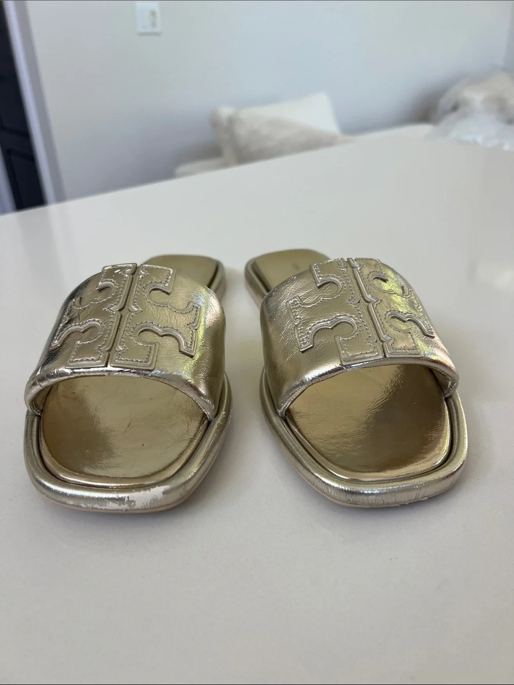 Tory Burch spark gold metallic open toe double T sport slide leather sandals 8